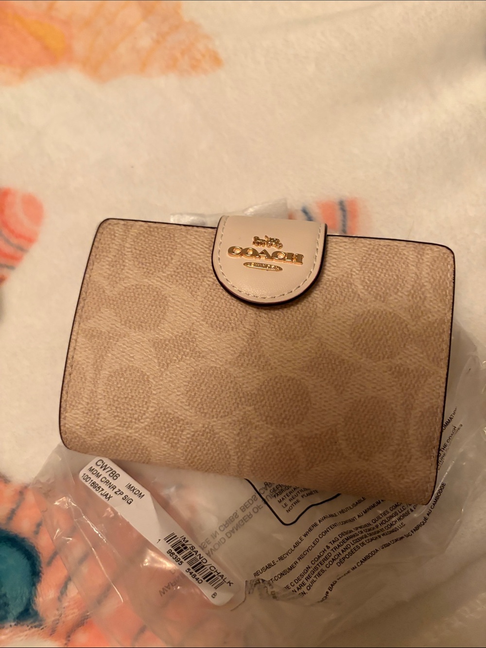 Coach Beige Signature Compact Wallet with Gold Logo